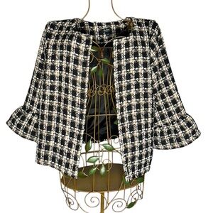 Du Jour Chic Black and White Plaid Tweed Ruffle Blazer Jacket - Women’s Size XL